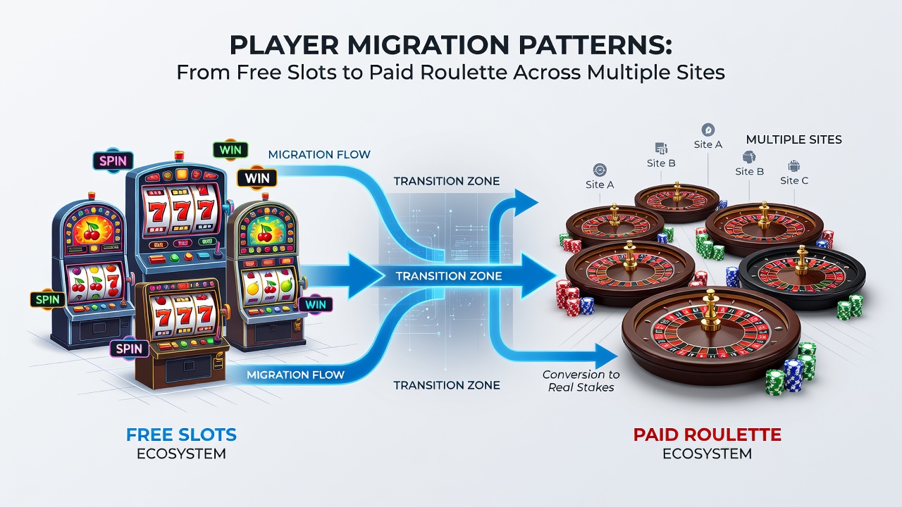Chart displaying migration statistics from free slots to paid roulette across different gaming websites